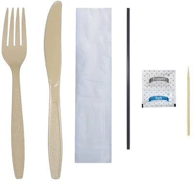 250sets Plastic Cutlery Kits, Extra Heavyweight Polystyrene (PS) , Fork, Knife, Salt, Pepper, Toothpick, Straw, Napkin, Champagne